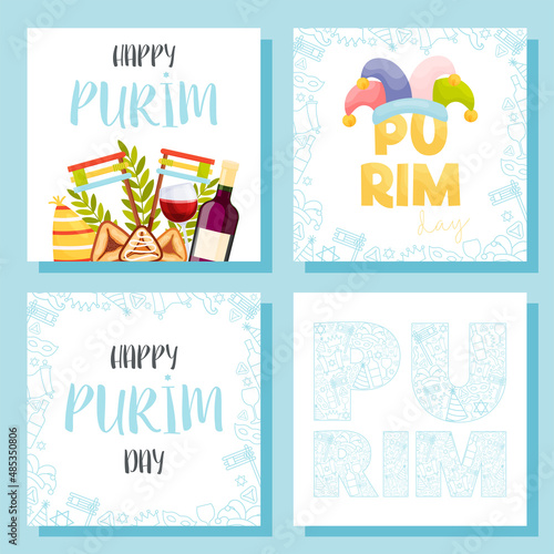 Happy Purim day greeting cards set. Vector illustration