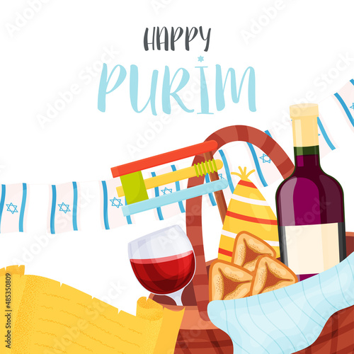 Happy Purim day greeting card. Vector illustration