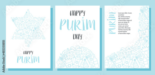 Happy Purim day greeting cards set. Vector illustration
