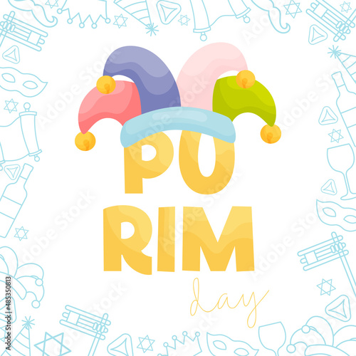 Happy Purim day greeting card. Vector illustration