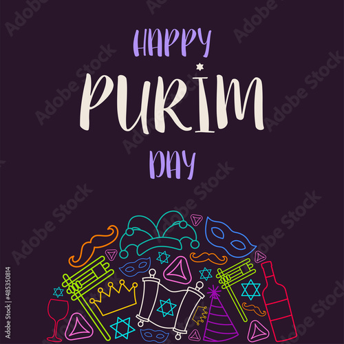 Happy Purim day greeting card. Vector illustration