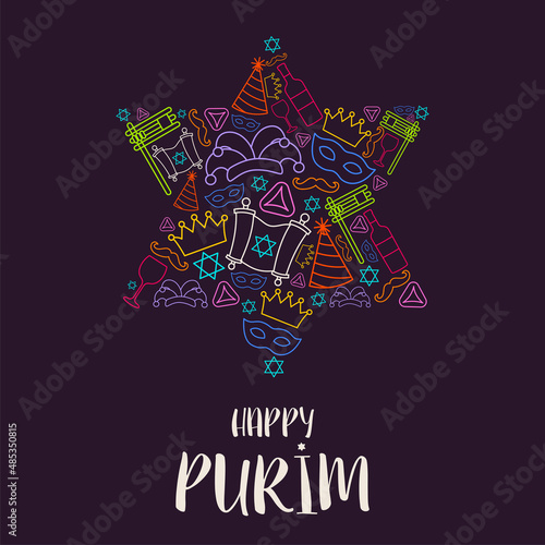 Happy Purim day greeting card. Vector illustration