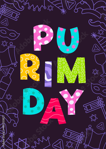 Happy Purim day greeting card. Vector illustration