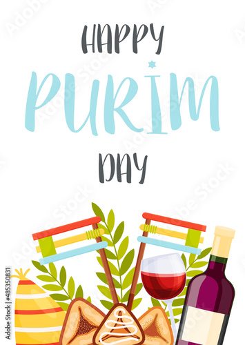 Happy Purim day greeting card. Vector illustration