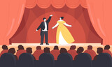 Poster or invitation for opera performance in theatre. Audience watching cartoon tenor singers on stage performing drama or tragedy flat vector illustration. Music, performance concept for banner