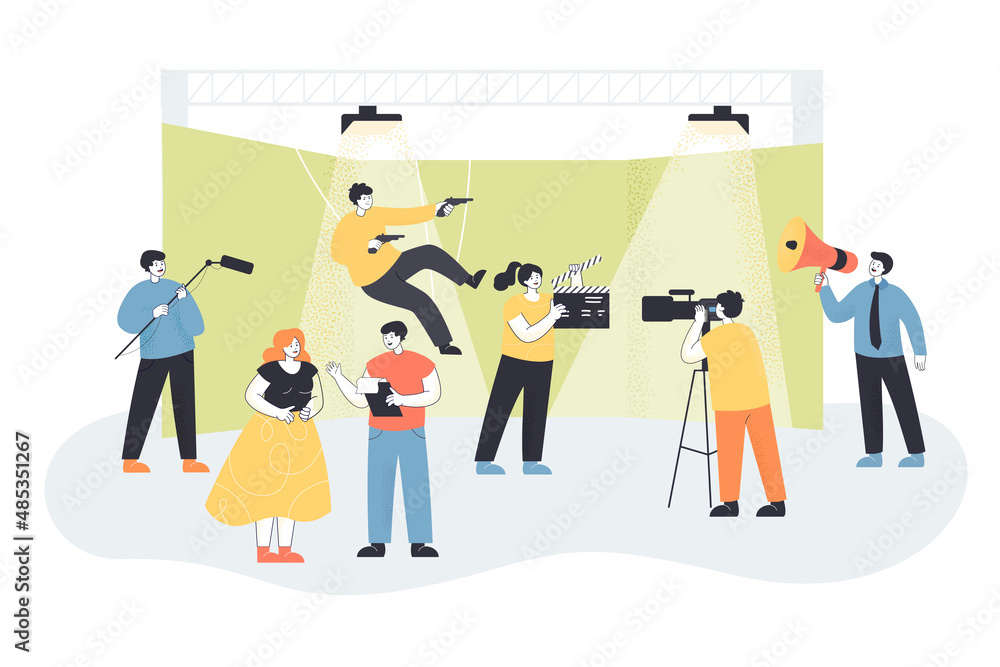 Naklejka premium Camera crew filming stunt double shooting guns. Casting for role inside building, filming location flat vector illustration. Cinema, film production concept for banner, website design or landing page