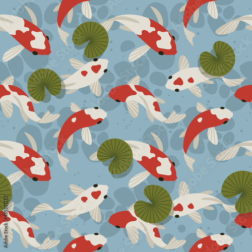 Pond with koi fish. Seamless pattern on a blue background.