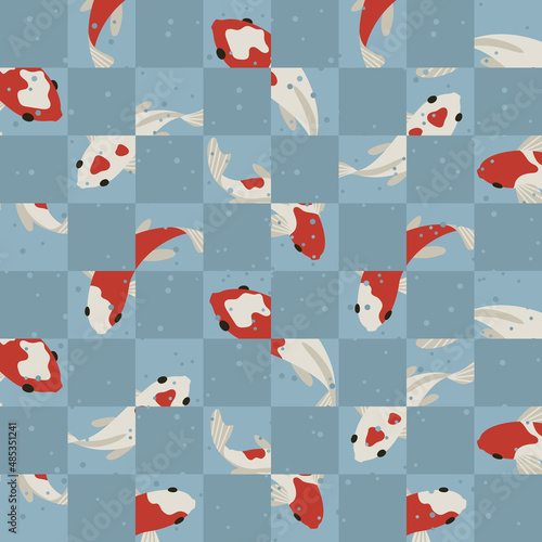 Checkered blue background with koi fish. Geometric vector seamless pattern.