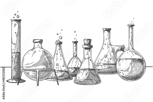 Sketch of objects of a chemical laboratory. Glassware for a chemical experiment. Vector pharmaceutical flasks, beakers and test tubes.