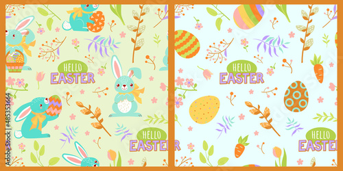Seamless pattern - cute rabbits hold Easter eggs, carrots and various spring plants in their paws. Hello Easter lettering.