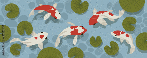 Blue pond with koi fish. Horizontal vector illustration.