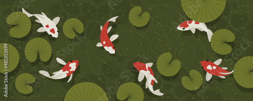 Green pond with koi fish. Horizontal vector illustration.