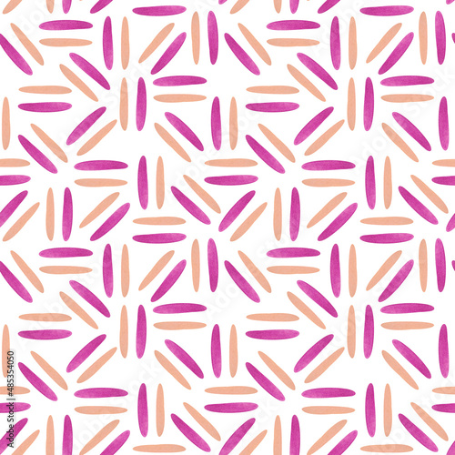 Hand-drawn watercolor simple abstract pattern with strokes in pink shades on a white background. Seamless print with bright ovals.