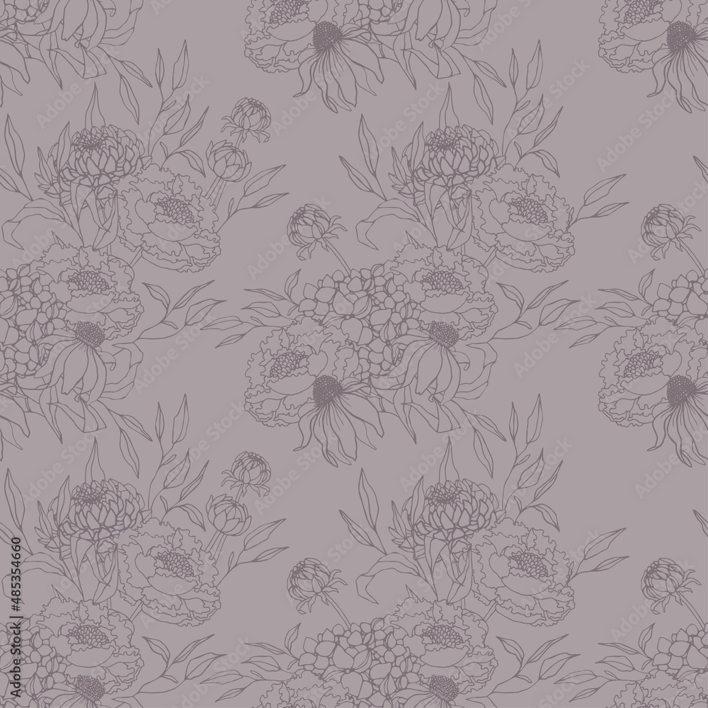 Seamless pattern with outlined flowers, peonieas and dahlias, leaves Seamless pattern with outlined flowers, peonieas and dahlias, leaves