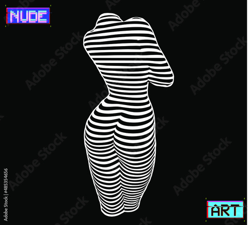 Black and white vector illustration of 3D relief of a nude woman sexy body made of horizontal lines isolated on black background.