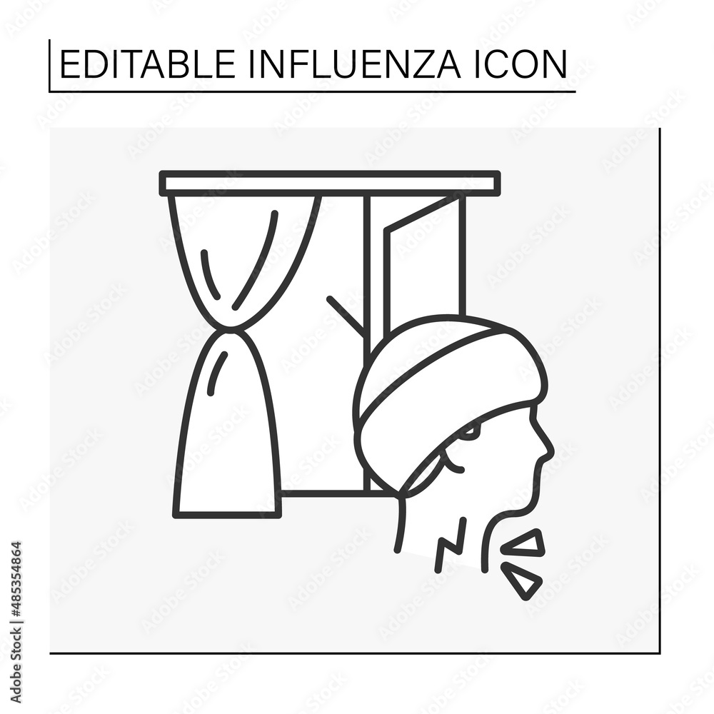 Sickness line icon. Man caught a cold from the draft. Sore throat. Influenza concept. Isolated vector illustration. Editable stroke Sickness line icon. Man caught a cold from the draft. Sore throat. Influenza concept. Isolated vector illustration. Editable stroke