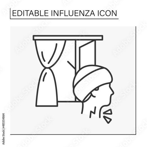  Sickness line icon. Man caught a cold from the draft. Sore throat. Influenza concept. Isolated vector illustration. Editable stroke