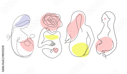 Pregnant Women Silhouettes Set Line Art Style Mother Sock Set Boho One Line Drawing with Accent Color Spots for Wall Art, Card Printing, Maternity Products