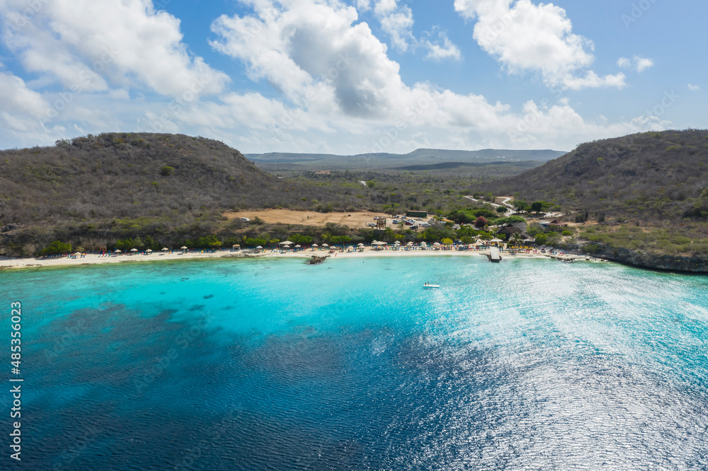 Aerial view of coast scenery with the ocean, cliff, and beach around Porto Mari  area, Curacao, Caribbean