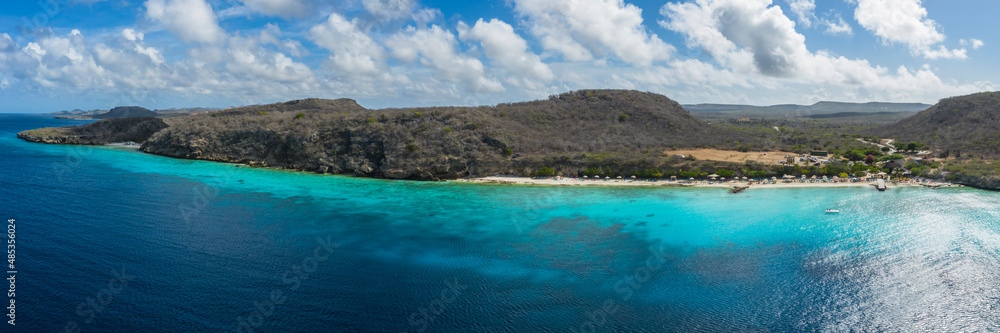 Panoramic aerial view of coast scenery with the ocean, cliff, and beach around Porto Mari  area, Curacao, Caribbean