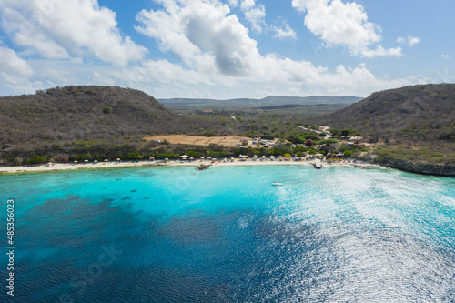 Aerial view of coast scenery with the ocean, cliff, and beach around Porto Mari area, Curacao, Caribbean