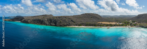 Panoramic aerial view of coast scenery with the ocean, cliff, and beach around Porto Mari  area, Curacao, Caribbean © NaturePicsFilms