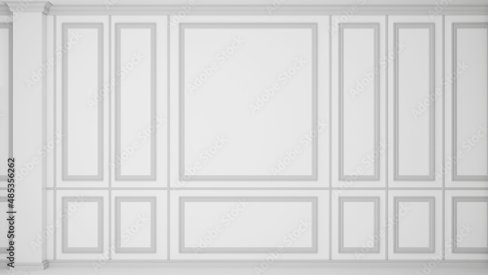 Wall panel decorative in modernclassic style,classic pattern white on white wall,3d rendering Wall panel decorative in modernclassic style,classic pattern white on white wall,3d rendering