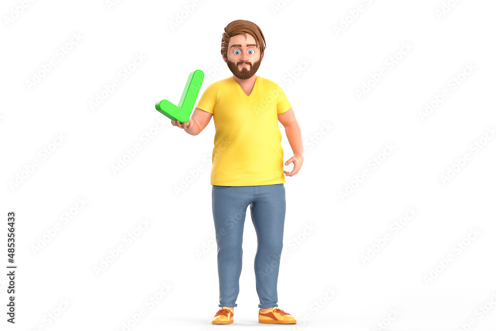 Casual dressed man holding green check mark. Isolated on white background. 3D Rendering
