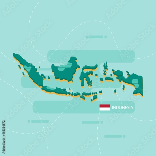 3d vector map of Indonesia with name and flag of country on light green background and dash.
