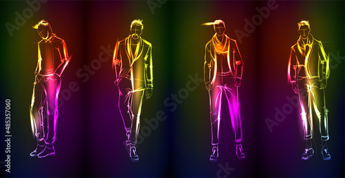 Hand-drawn fashion model from a neon. A light man set.