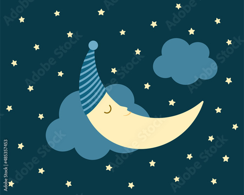 World day of sleep, night starry sky, sleeping month in a cap. For banner, poster, flyer, postcard. Simple flat vector illustration