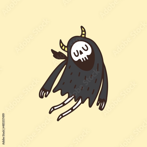 Cute Grim Reaper Skull flying, illustration for t-shirt, poster, sticker, or apparel merchandise. With cartoon style.