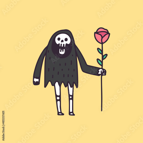 Cute Grim Reaper Skull holding roses, illustration for t-shirt, poster, sticker, or apparel merchandise. With retro cartoon style.