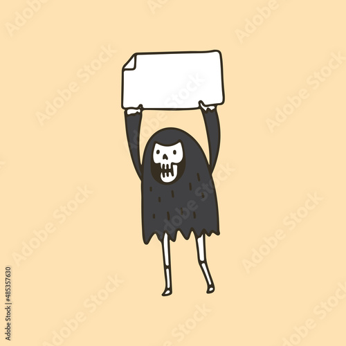 Cute Grim Reaper Skull holding Empty White Paper, illustration for t-shirt, poster, sticker, or apparel merchandise. With cartoon style.