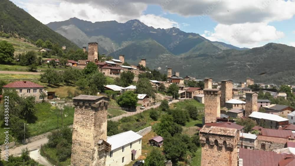 Mestia village with typical tower houses Mestia village with typical tower houses