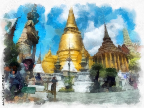 Landscape of the Grand Palace, Wat Phra Kaew in Bangkok watercolor style illustration impressionist painting.