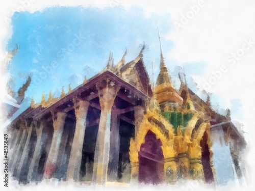 Landscape of the Grand Palace, Wat Phra Kaew in Bangkok watercolor style illustration impressionist painting. © Kittipong
