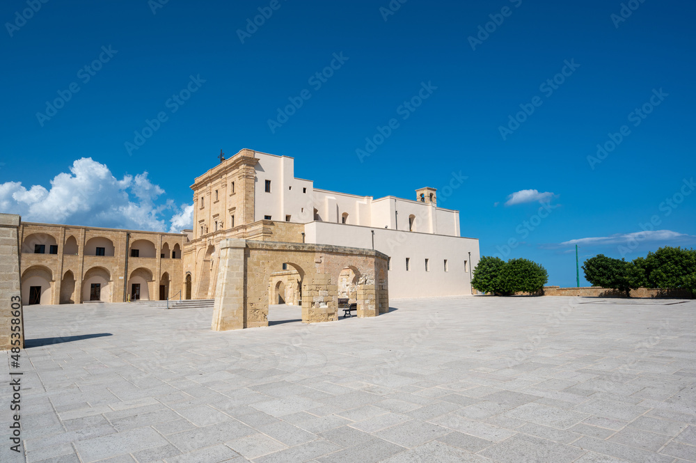 Santa Maria di Leuca, Puglia, Italy. August2021. The sanctuary seen from three quarters, beautiful sunny day.
