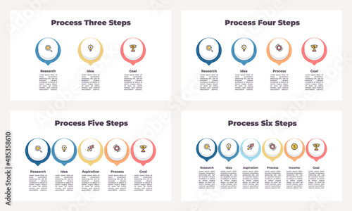 Business process. Timeline infographics with 3, 4, 5, 6 steps, options, sections. Vector template.