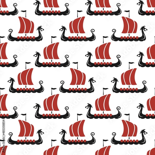 Drakkar vikings pattern vector illustration. Viking transport warship seamless background. Viking ship boat scandinavia texture