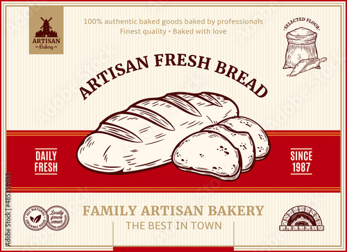 Bakery label and packaging design template for baked products branding and packaging. Vector loaf and bread slices illustration