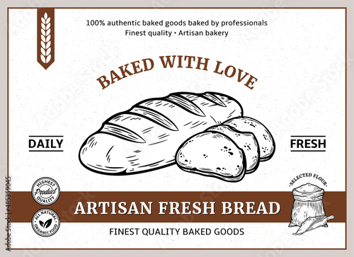 Bakery label and packaging design template for baked products branding and packaging. Vector loaf and bread slices illustration
