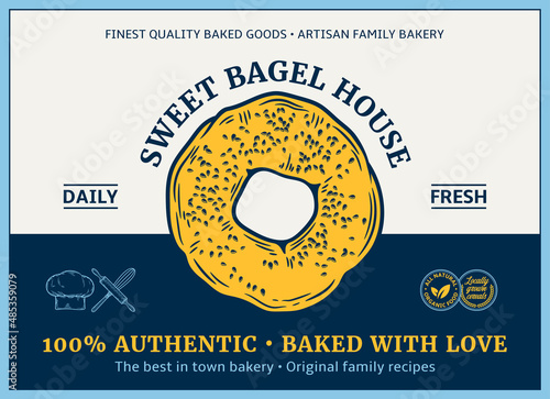 Bakery label and packaging design template for baked products branding and packaging. Vector bagel illustration