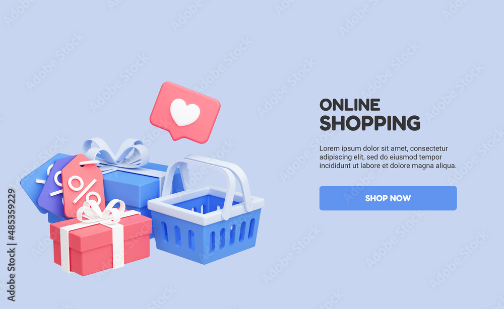 Online shopping banner template with shopping basket and gift boxes. Web Mockup for promotion with empty copy space. Shop now button. Ui Design. 3D Rendering. Blue Online shopping banner template with shopping basket and gift boxes. Web Mockup for promotion with empty copy space. Shop now button. Ui Design. 3D Rendering. Blue