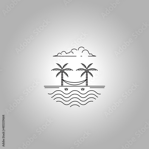 Beach with two palm and cloud design, vector style line art logo concept
