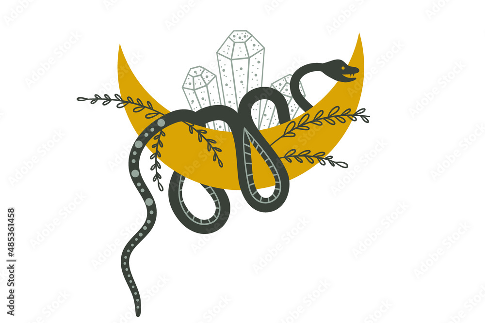 Mystic snake on the moon with crystals on a white background. Magical illustration for witchcraft and the occult. Flat vector illustration Mystic snake on the moon with crystals on a white background. Magical illustration for witchcraft and the occult. Flat vector illustration