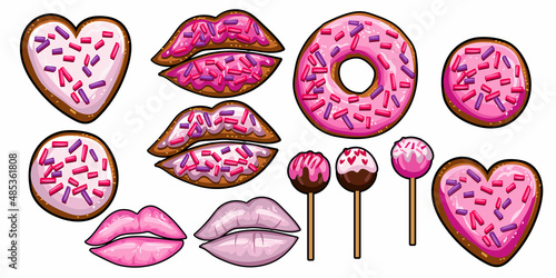 Set of donuts, cake pops and lips
