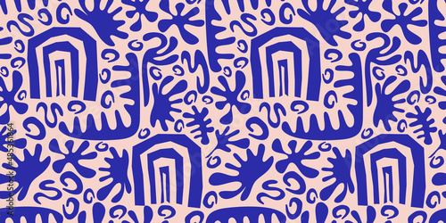 Abstract seamless pattern shape henry matisse with algae and leaves. Vector flat illustration design. Blue on light background various figures. Contemporary seamless pattern.
