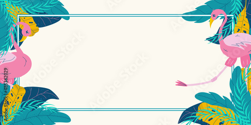 Summer banner with tropical leaves and flamingos on a light background with space for text. Green leaves and pink bird. Flat vector horizontal illustration