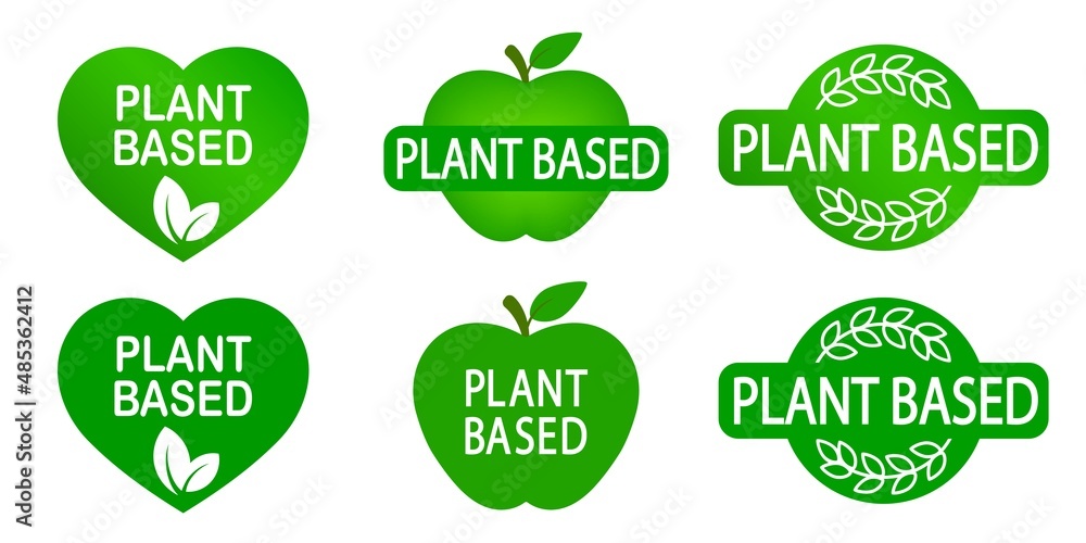 Set of plant based vegan food product labels. Green heart-shaped stamp. Logo or icon. Diet. Sticker. Vegetarian. Organic Set of plant based vegan food product labels. Green heart-shaped stamp. Logo or icon. Diet. Sticker. Vegetarian. Organic